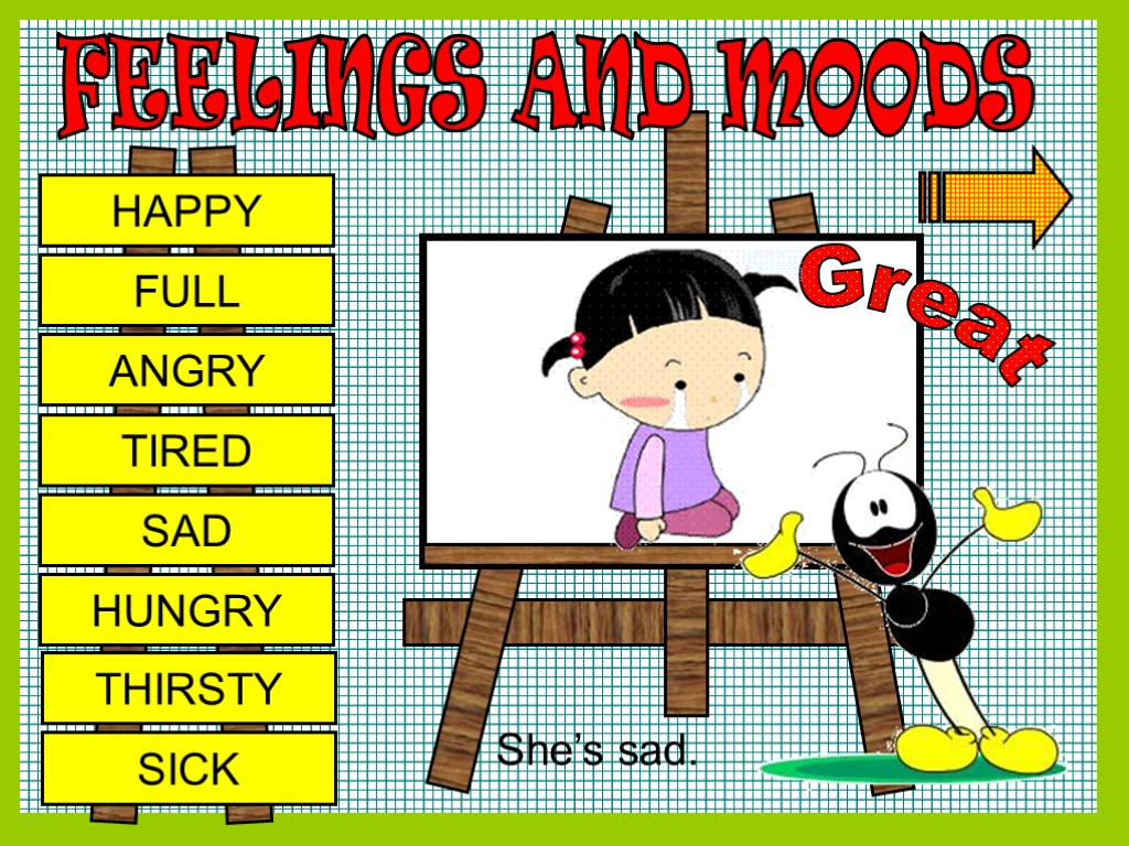 FEELINGS AND MOODS HAPPY FULL ANGRY TIRED SAD HUNGRY THIRSTY SICK Great She’s sad.